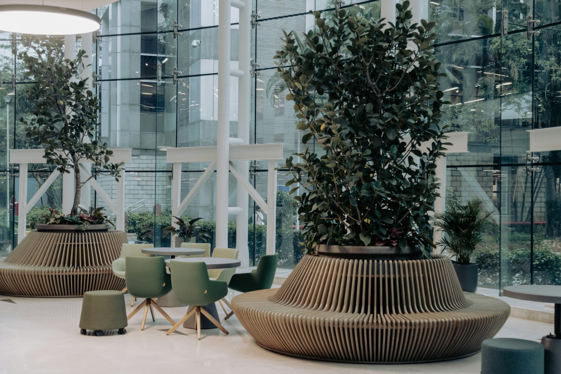 Naturally lit commercial office common area with glass walls, integrated seating, and indoor trees